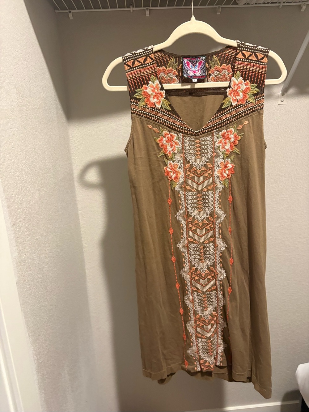 Johnny Was Taupe Sleeveless Embroidered Midi Dress with Orange Floral Accents